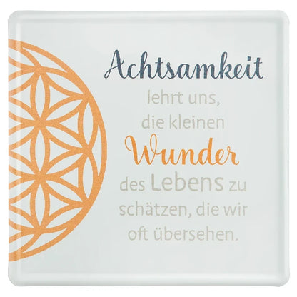 Blechschild "AchtsamZeit" mit Blume des Lebens in Orange