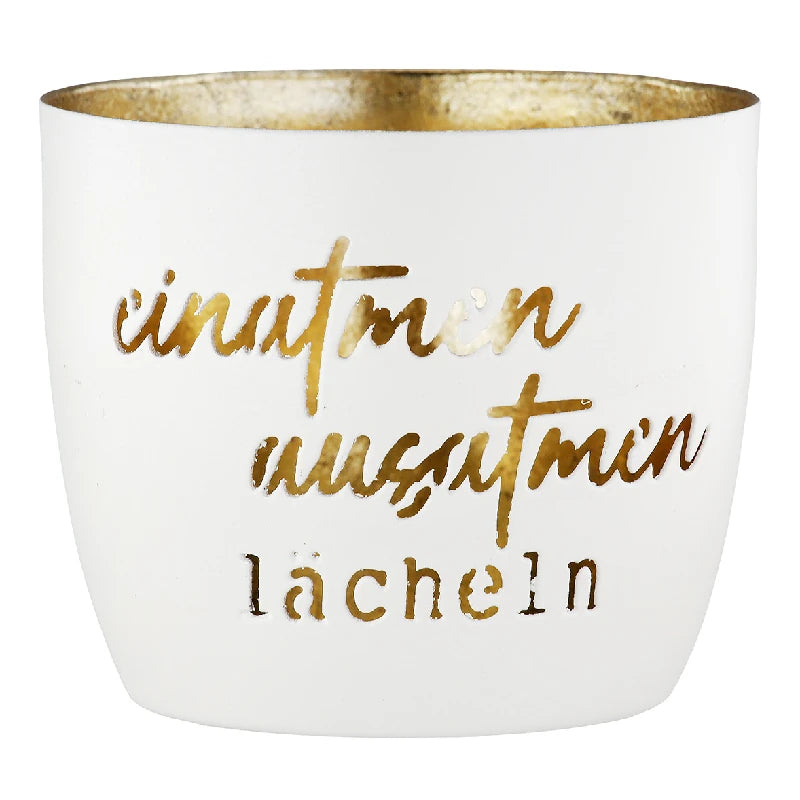 Windlicht "Einatmen" aus Metall, Creme / Gold
