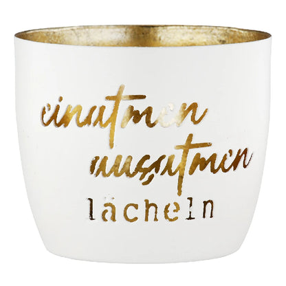 Windlicht "Einatmen" aus Metall, Creme / Gold