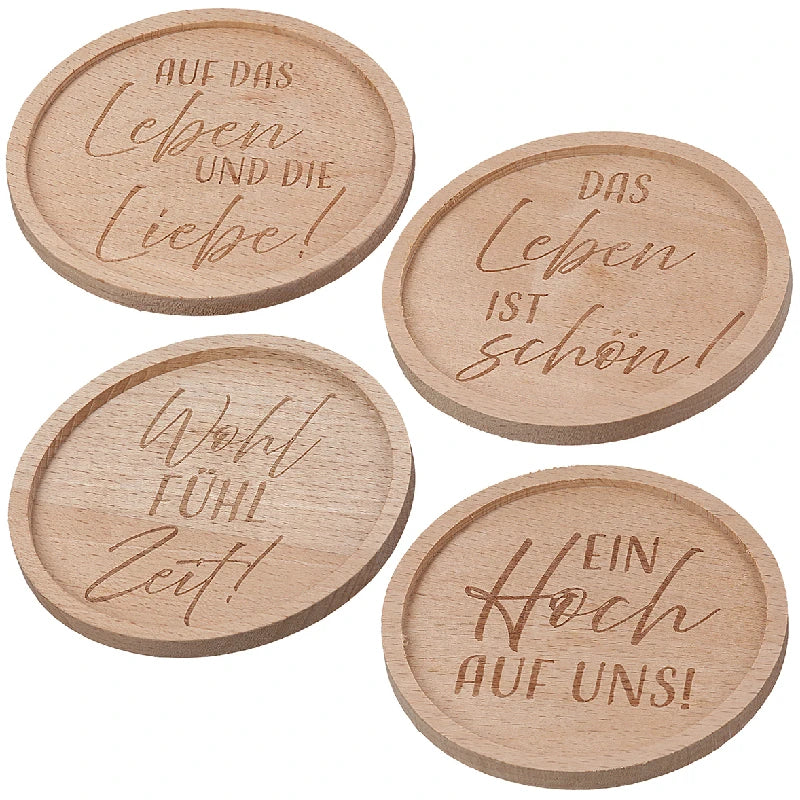 Runder Untersetzer aus Holz mit Spruch