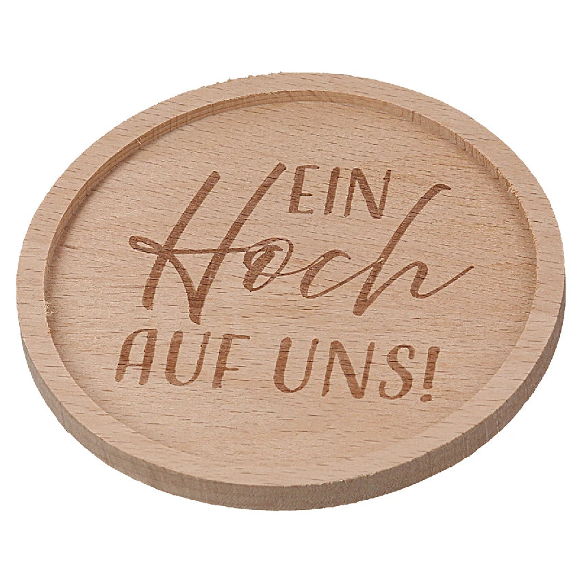 Runder Untersetzer aus Holz mit Spruch