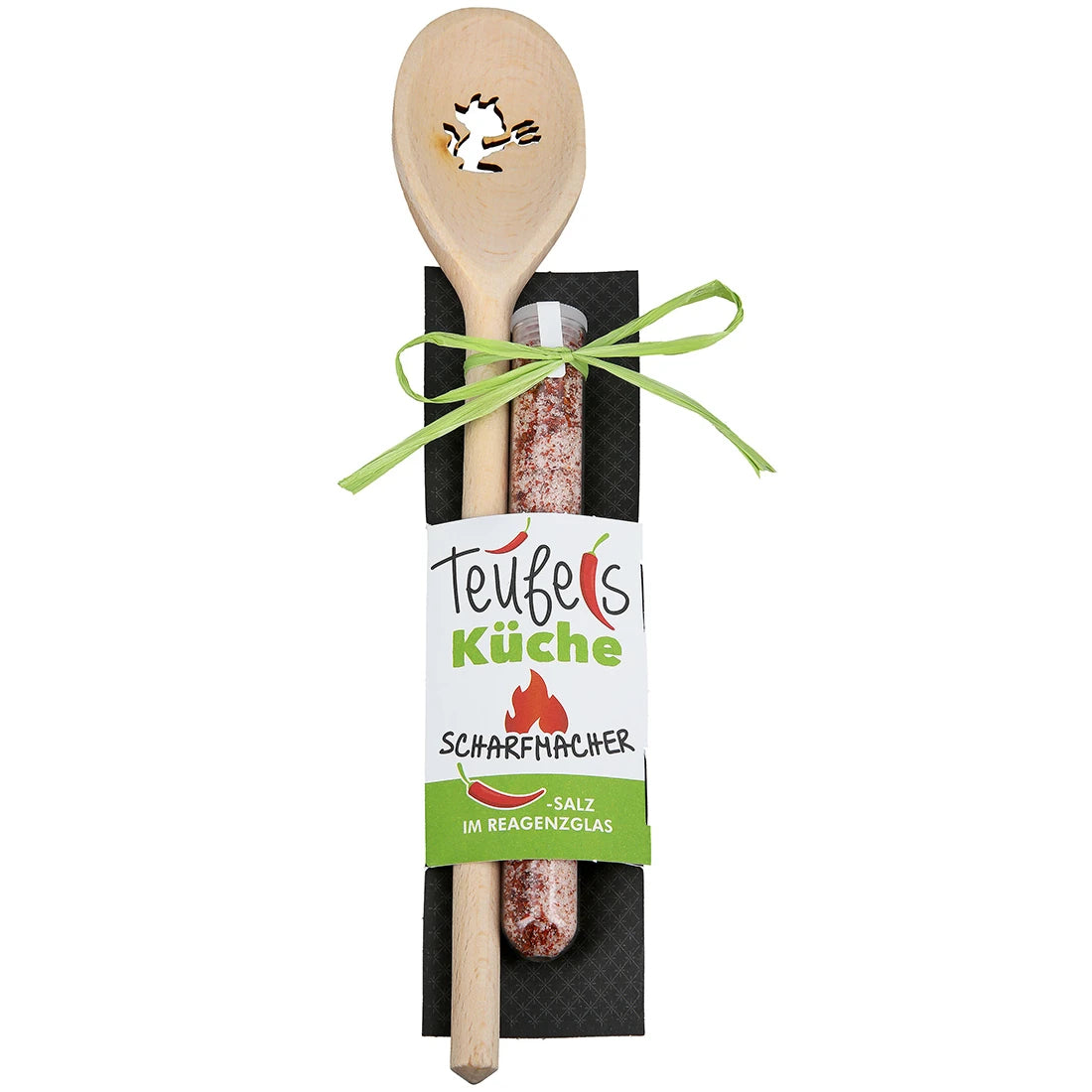 Kochlöffel „Teufelsküche“ mit Chilisalz im Reagenzglas