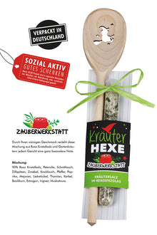 Kochlöffel „Hexenküche“ mit Kräutersalz im Reagenzglas