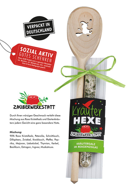 Kochlöffel „Hexenküche“ mit Kräutersalz im Reagenzglas