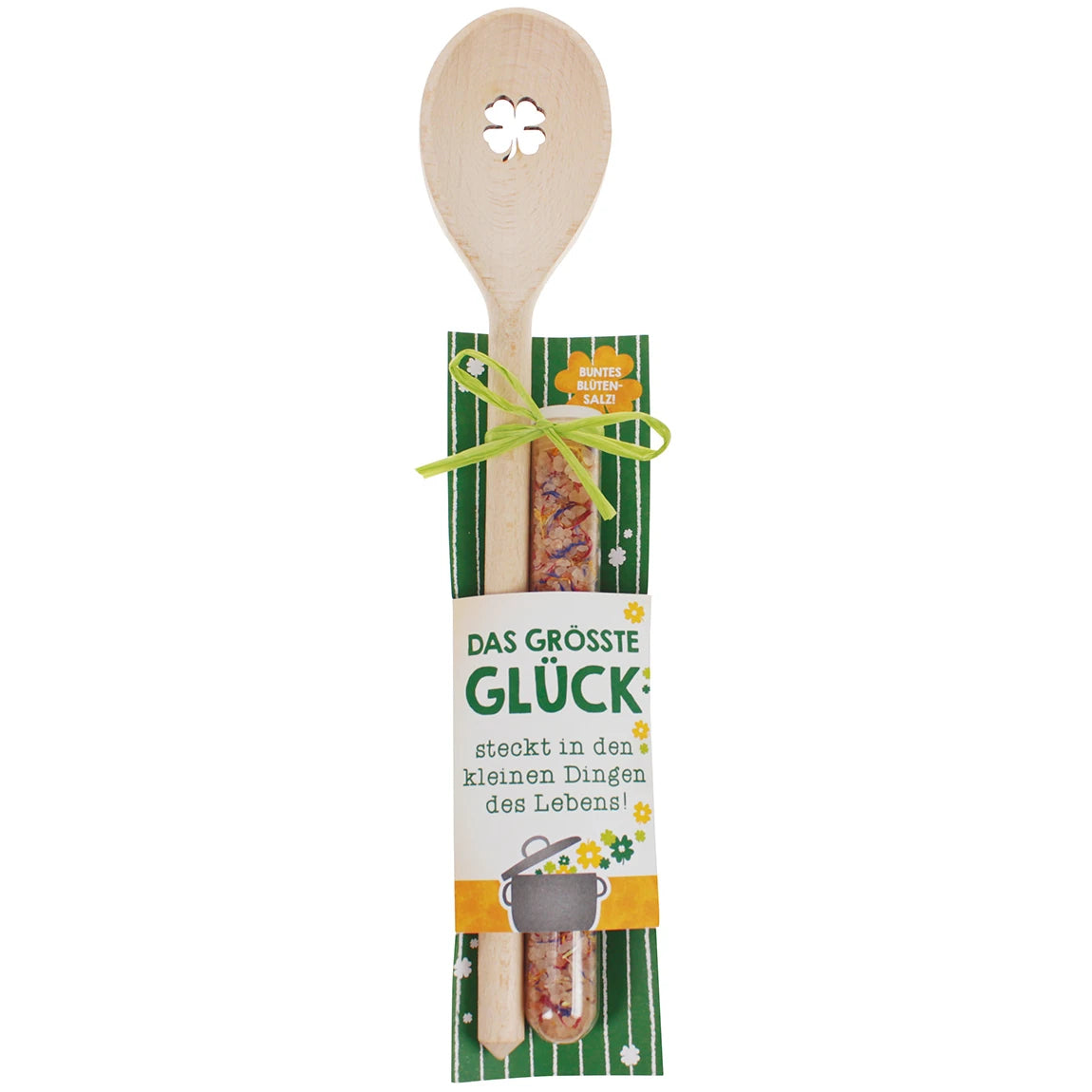 Kochlöffel „Glück“ mit Blütensalz im Reagenzglas