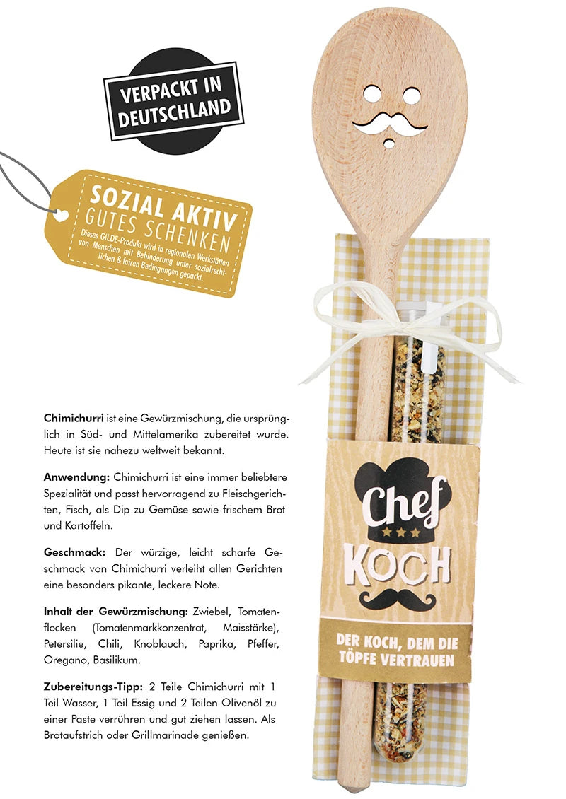 Kochlöffel „Chefkoch“ mit Chimichurri Gewürzmischung im Reagenzglas