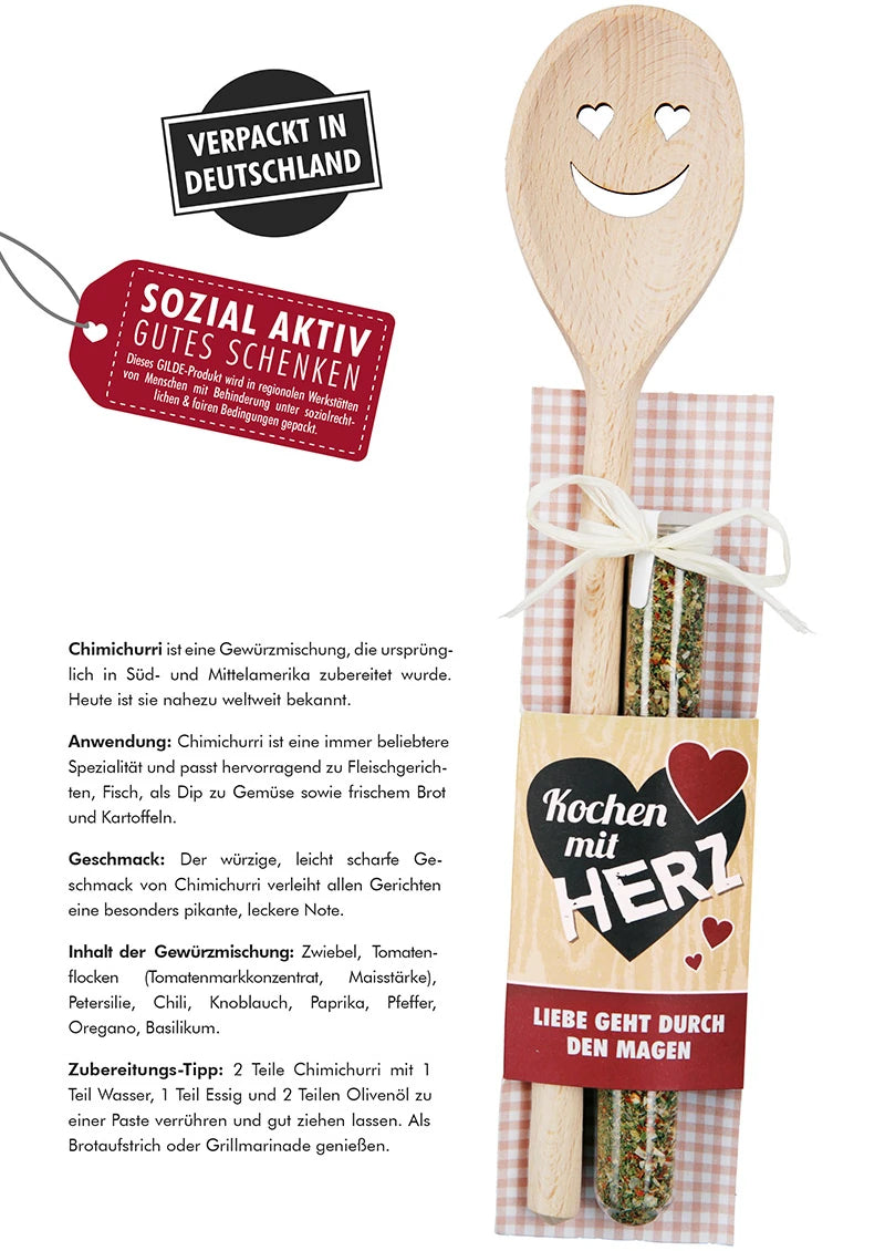 Kochlöffel „Herz“ mit Chimichurri Gewürzmischung im Reagenzglas