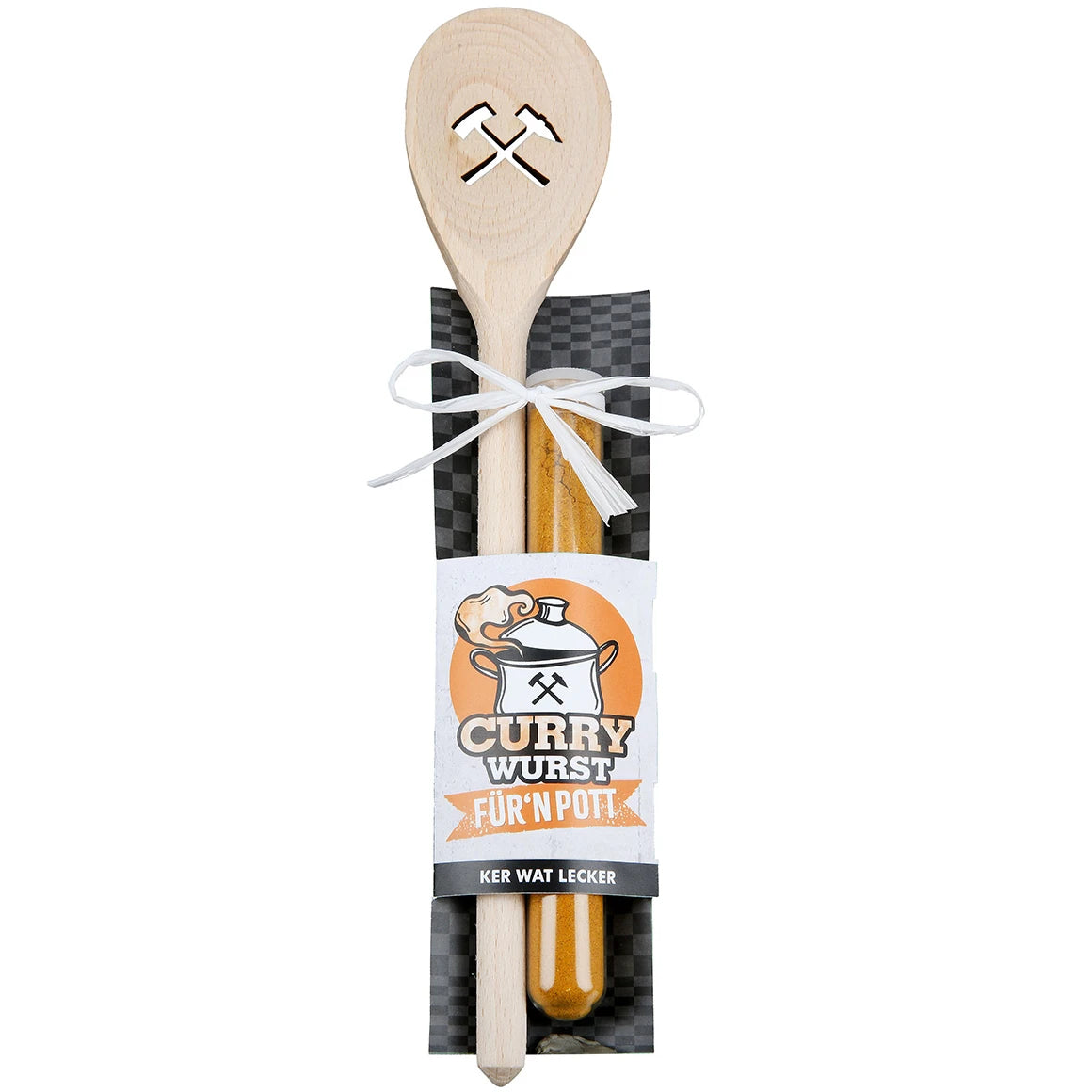 Kochlöffel „Currywurst“ mit Curry Madras im Reagenzglas