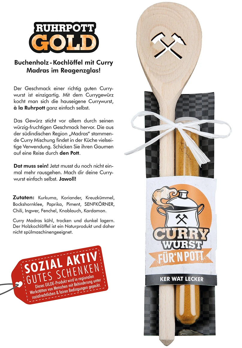 Kochlöffel „Currywurst“ mit Curry Madras im Reagenzglas