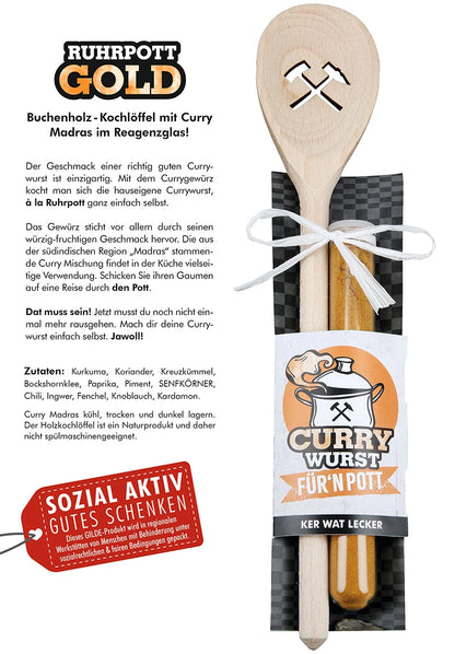 Kochlöffel „Currywurst“ mit Curry Madras im Reagenzglas
