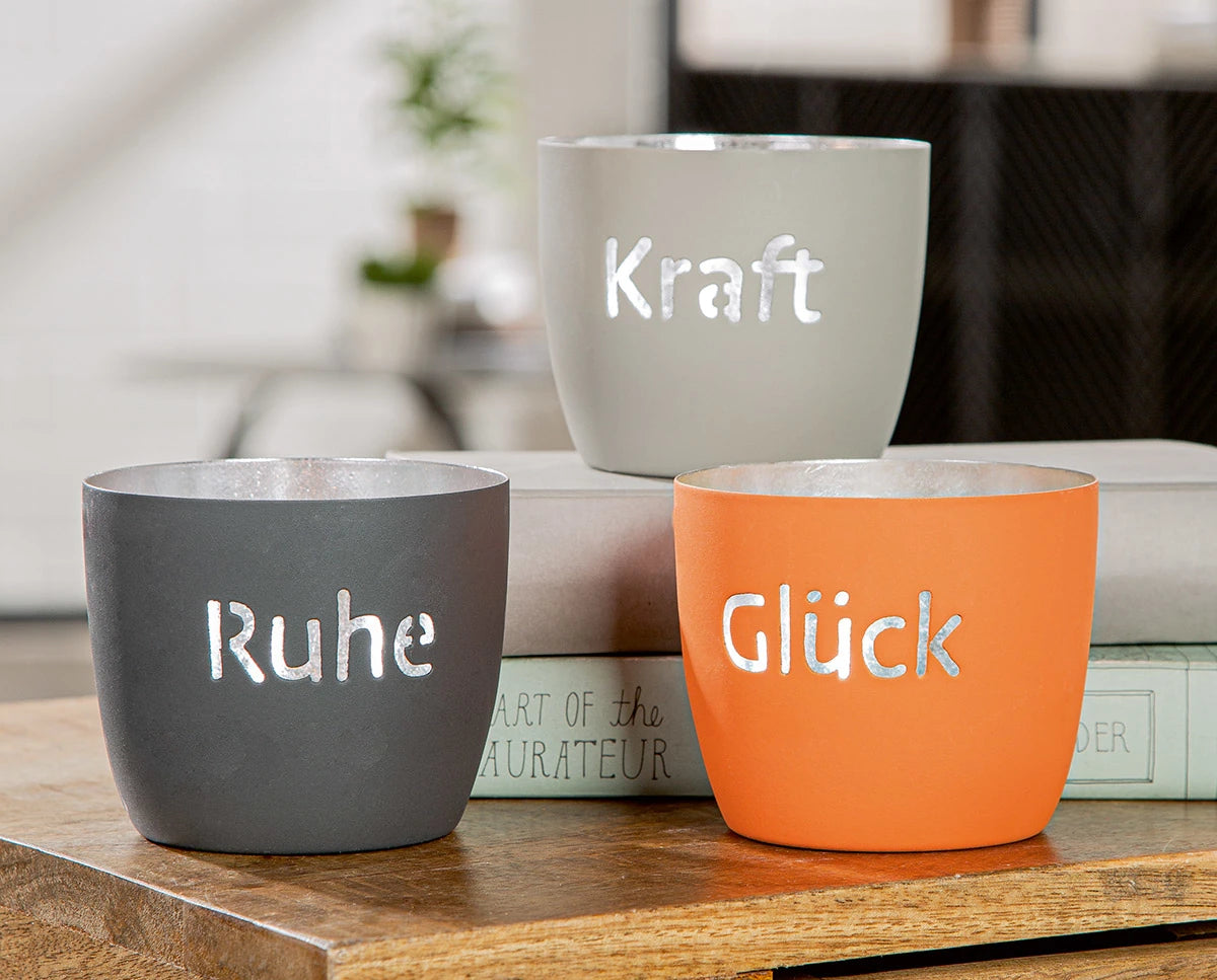 Windlicht "Glück / Ruhe / Kraft" aus Metall Mood