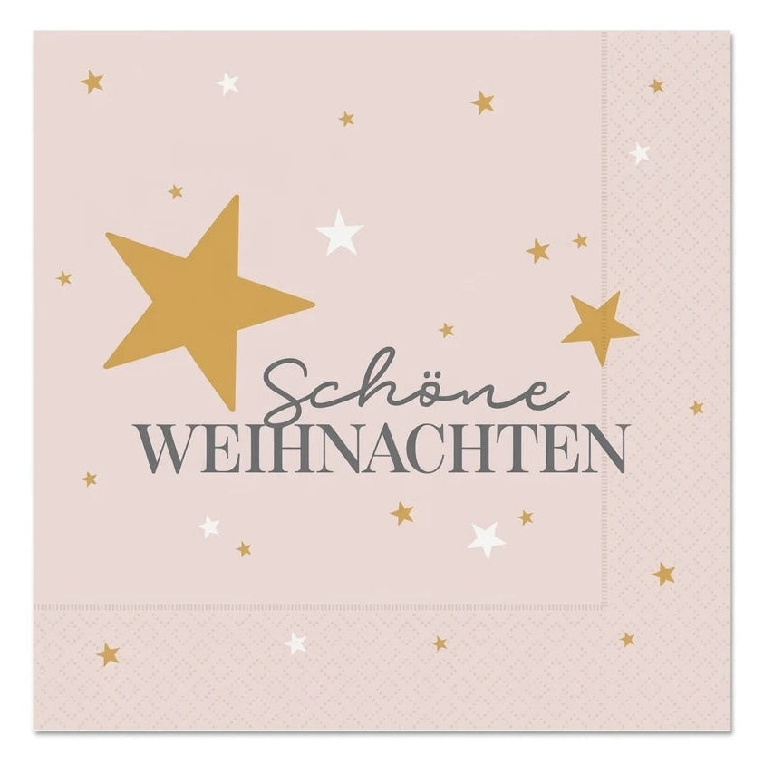 Zartrosa Serviette mit goldfarbenen und weißen Sternen sowie dem grauen Schriftzug „Schöne Weihnachten“