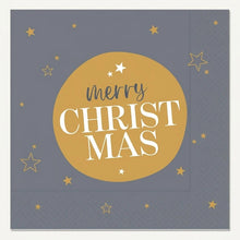 Graublaue Serviette mit goldfarbenen Sternen und großem goldfarbenem Kreis mit dem Schriftzug „Merry Christmas“