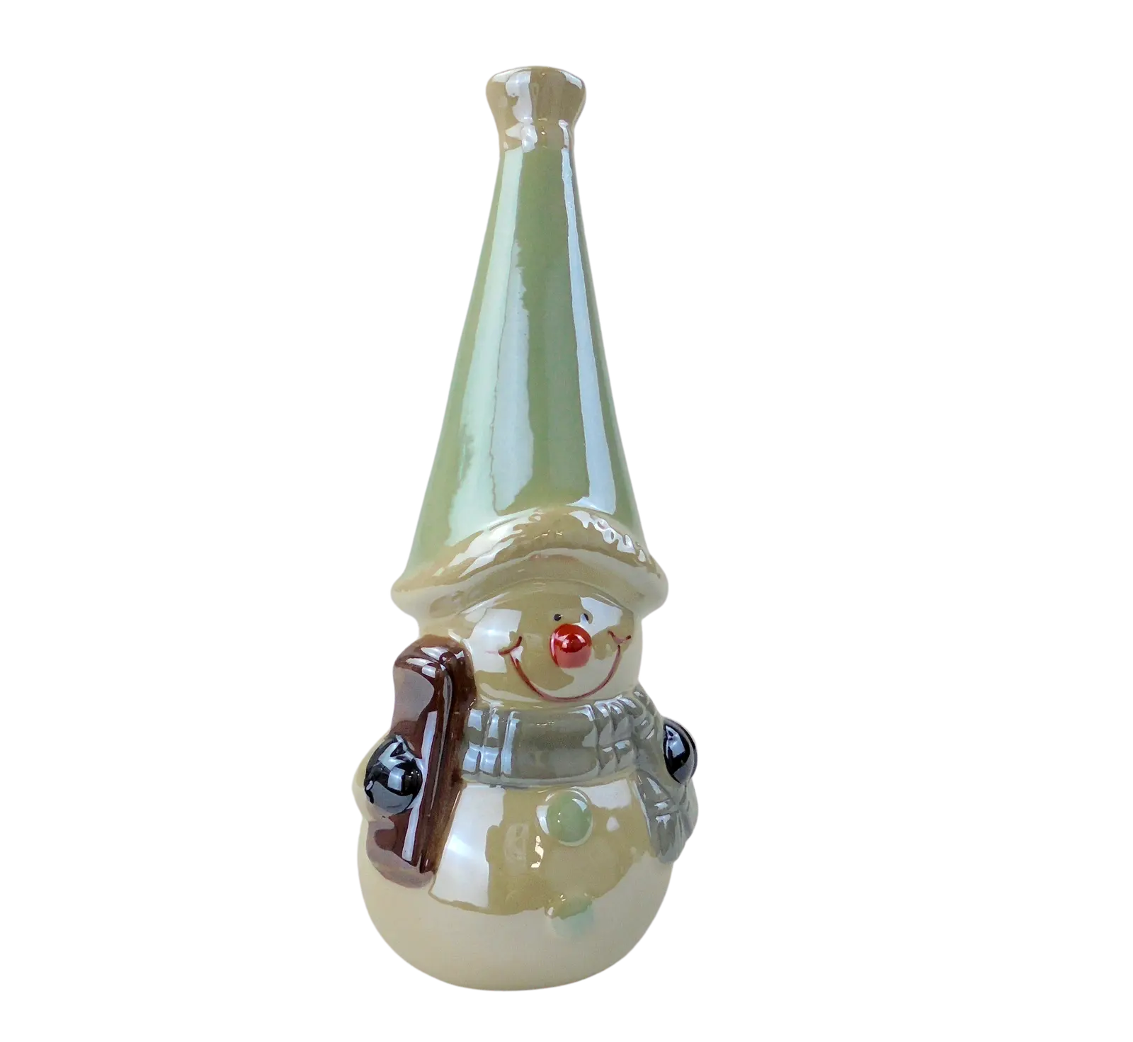 Keramik-Schneemann mit Schlitten, Mütze und Schal