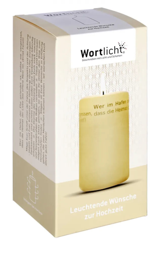 Wortlicht Kerze leuchtende Wünsche zur Hochzeit Verpackung