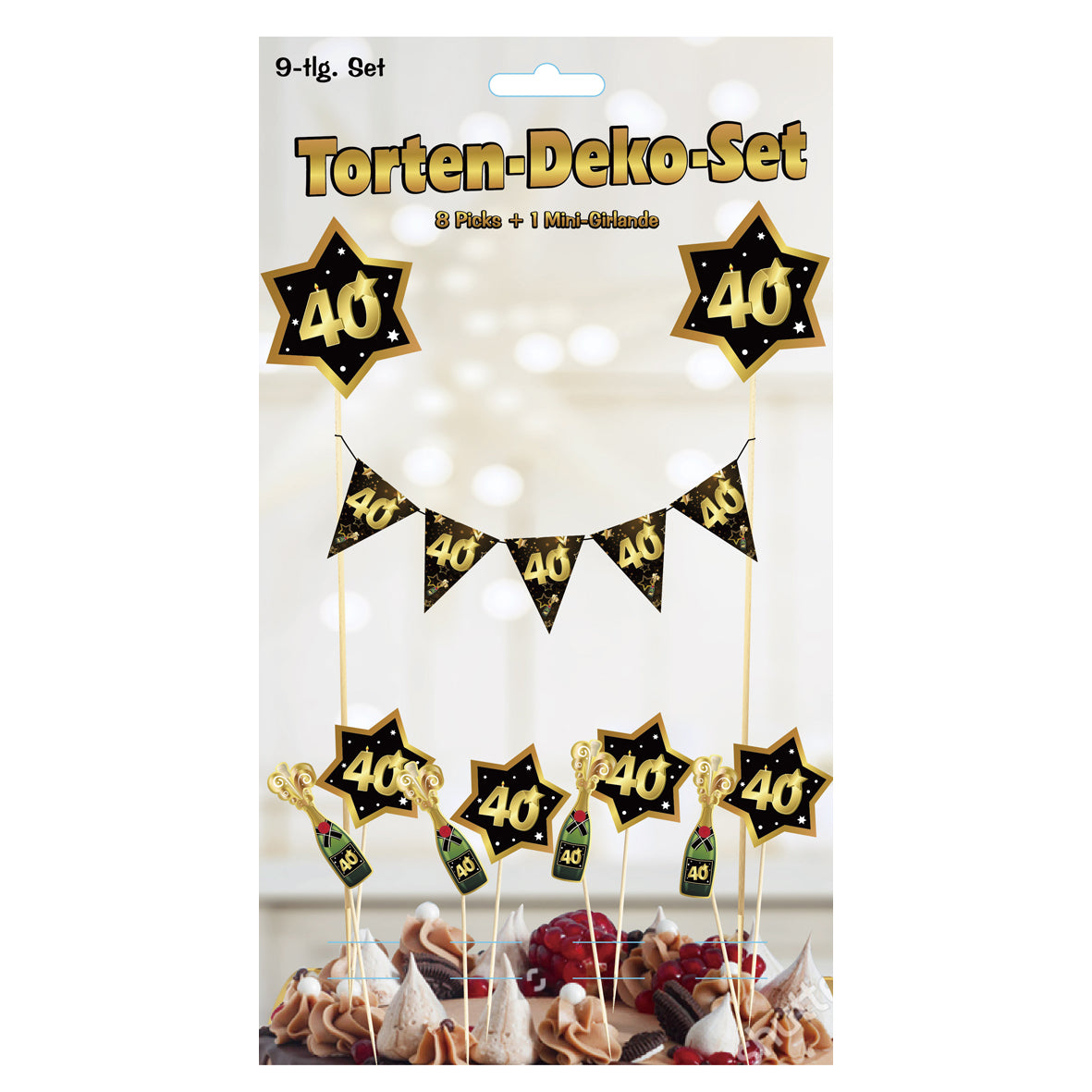 9 tlg. Torten-Deko-Set "Sterne" zum 40. Geburtstag in schwarz/gold