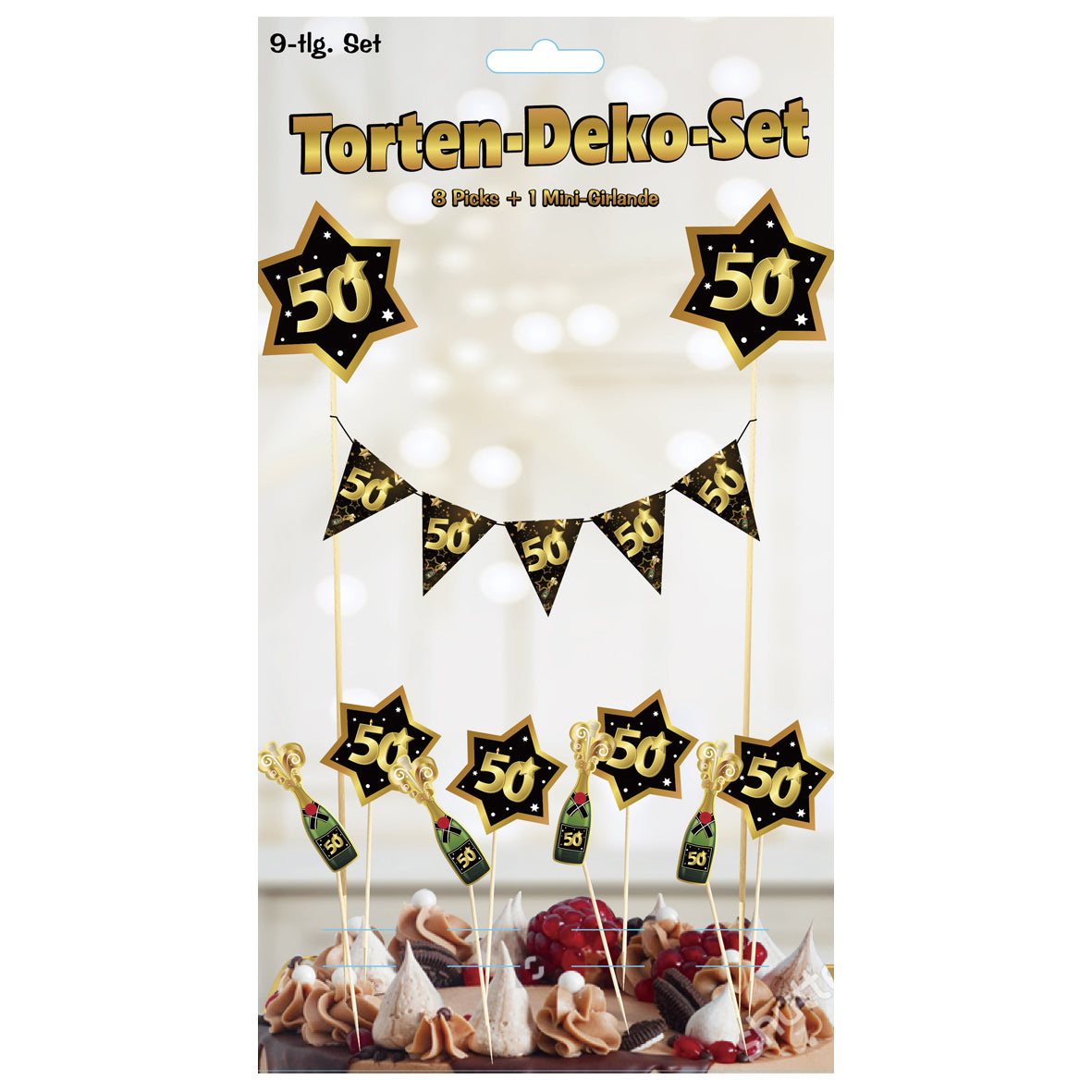 9 tlg. Torten-Deko-Set "Sterne" zum 50. Geburtstag in schwarz/gold