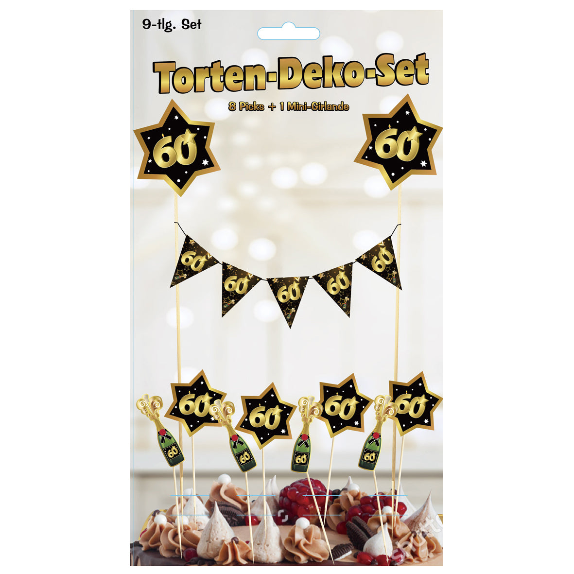9 tlg. Torten-Deko-Set "Sterne" zum 60. Geburtstag in schwarz/gold