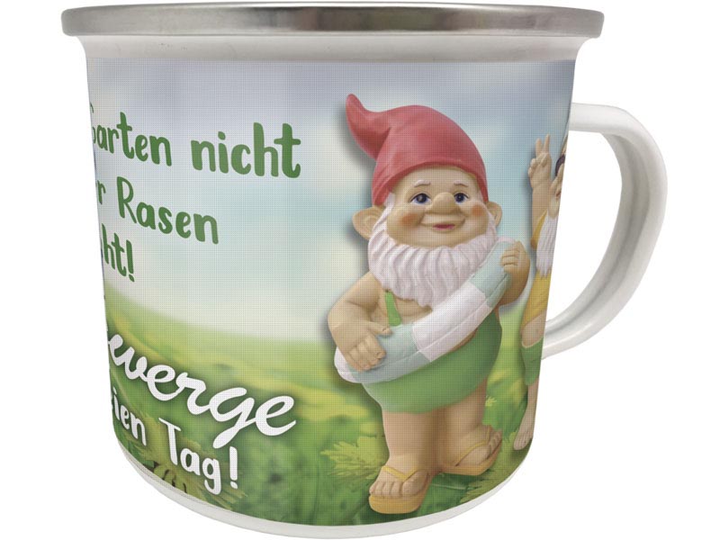 Emaille Becher mit Spruch "Die Gartenzwerge haben ihren freien Tag..."