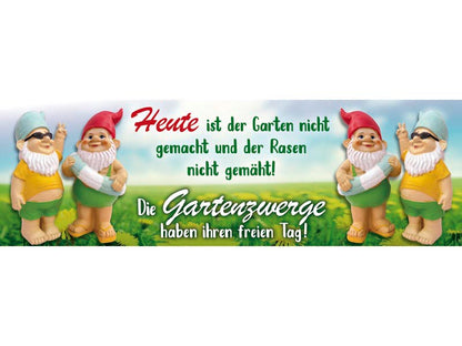 Emaille Becher mit Spruch "Die Gartenzwerge haben ihren freien Tag..."