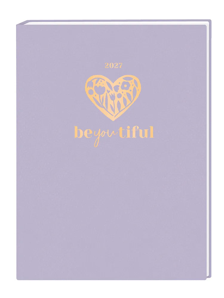 Terminplaner - Lady Softcover "Be you tiful" 2027 - Cover - Text: "2027 be you tiful" Design: Goldene Schrift, goldenes Herz mit Blumenmotiv im oberen Drittel