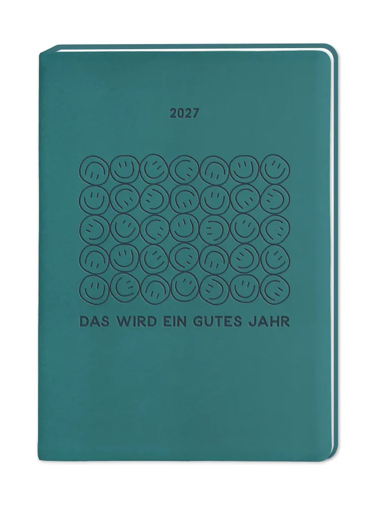 Terminplaner - "Das wird ein gutes Jahr" - 2027 - Cover - Text: "2027 Das wird ein gutes Jahr" Design 5 Reihen mit aufeinander gestapelten Smileys