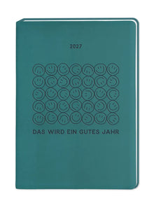 Terminplaner - "Das wird ein gutes Jahr" - 2027 - Cover - Text: "2027 Das wird ein gutes Jahr" Design 5 Reihen mit aufeinander gestapelten Smileys