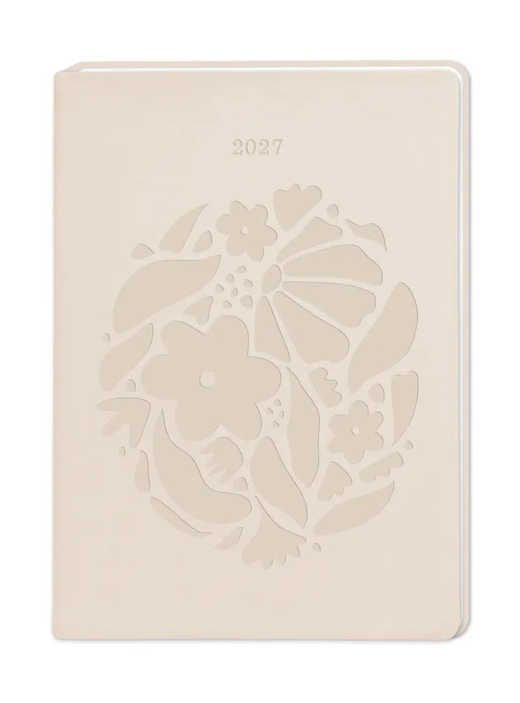 Terminplaner - "Blütenkreis" - 2027 -Cover - Ein Kreis aus Blüten und Blättern auf Beigen Hintergrund