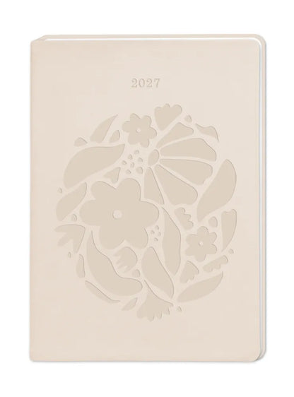 Terminplaner - "Blütenkreis" - 2027 -Cover - Ein Kreis aus Blüten und Blättern auf Beigen Hintergrund
