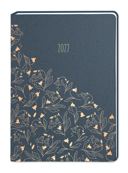 Terminplaner - "Blumen" - 2027 - Cover - Goldene Blumen auf blauem Hintergrund.