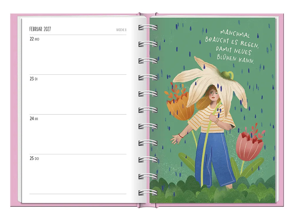 Terminplaner "Me-Time: Weil du es bist" - 2027 - To-Do Februar mit Karte - Spruch: "Manchmal braucht es Regen, damit neues blühen kann." Design: Eine Frau die eine Blume als Regenschirm verwendet, steht im Regen neben anderen Blumen.