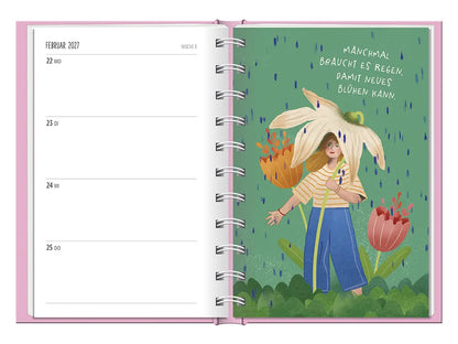 Terminplaner "Me-Time: Weil du es bist" - 2027 - To-Do Februar mit Karte - Spruch: "Manchmal braucht es Regen, damit neues blühen kann." Design: Eine Frau die eine Blume als Regenschirm verwendet, steht im Regen neben anderen Blumen.