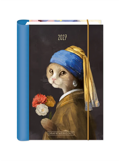 Terminplaner - "Tierisch Kunstvoll" - 2027 -  Cover - Katz im Stil des Gemäldes "Mädchen mit dem Perlenohrring"