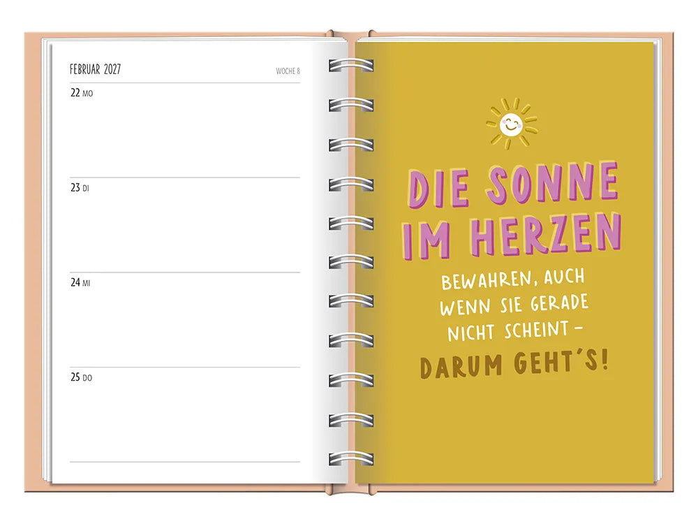 Terminplaner - "Nimm dir Zeit" - 2027 -  To-Do Februar mit einer Karte. Kartenspruch: "Die Sonne im Herzen bewahren, auch wenn sie gerade nicht schein - darum geht´s!"  Kartendesign: Gelber Hintergrund mit lächelnder Sonne über dem Spruch.