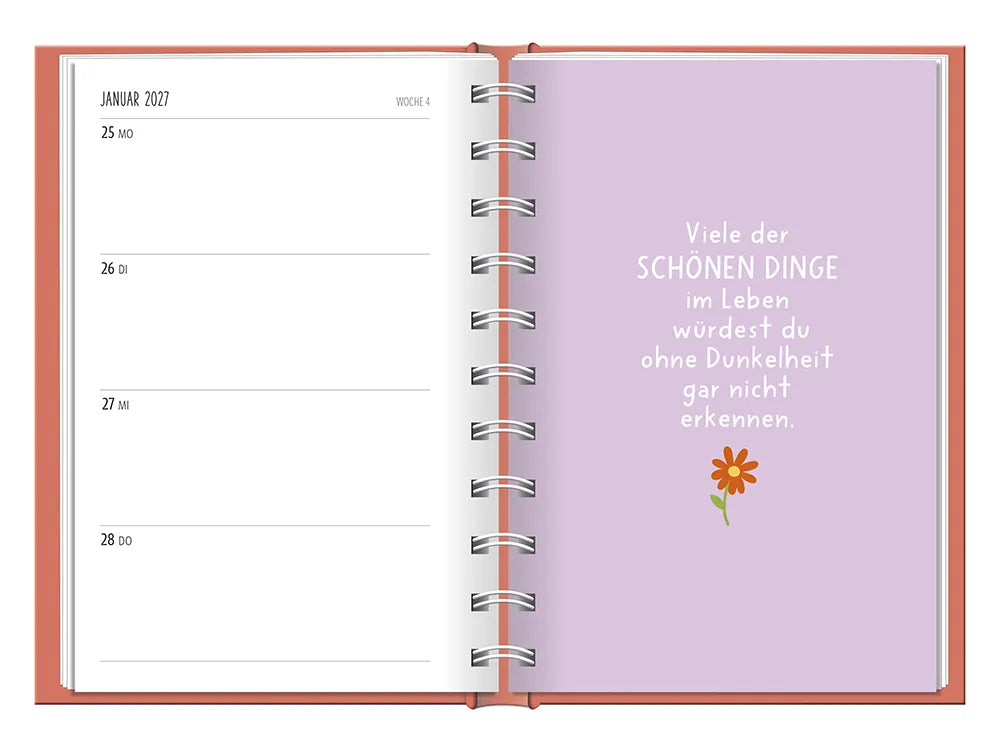 Terminplaner - "Kleines Herz" - 2027 - To-Do Januar mit Karte - Spruch: "Viele der schönen Dinge im Leben würdest du ohne Dunkelheit gar nicht erkennen" Design: Rote Blume unter dem Spruch.