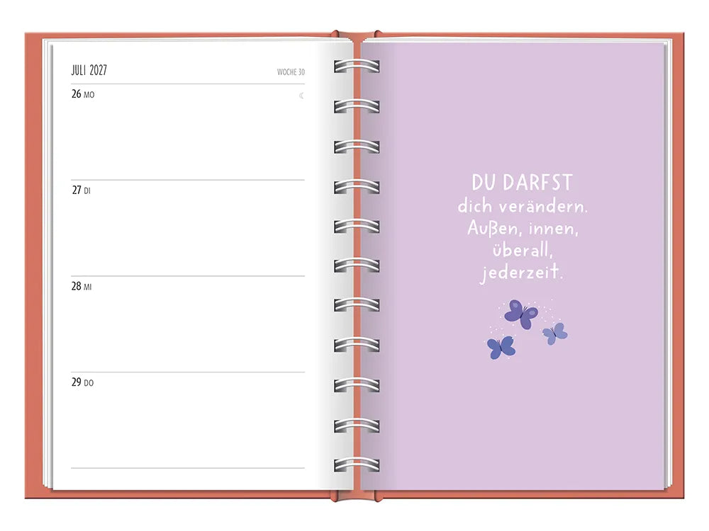 Terminplaner - "Kleines Herz" - 2027 - To-Do Juli mit Karte - Spruch: "Du darfs dich verändern. Außen, innen, überall, jederzeit" Design: Schmetterlinge unter dem Spruch.