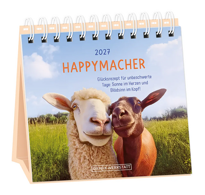 Tischkalender - "Happymacher" - 2027 - Cover - Text: "2027" "Happymacher" "Glücksrezept für unbeschwerte Tage: Sonne im Herzen und Blödsinn im Kopf!" Design: Zwei aneinander gekuschelte Schafe auf einer Weide.
