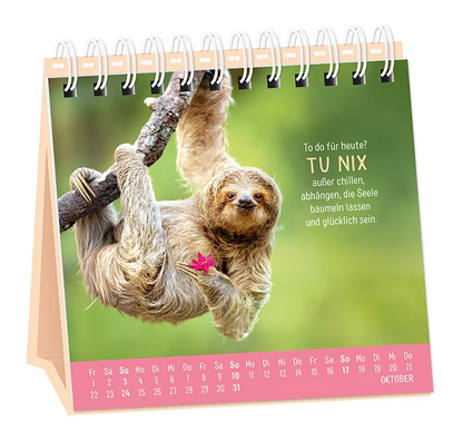 Tischkalender - "Happymacher" - 2027 - Monat Oktober - Spruch: " To Do für heute? Tu nix außer chillen, abhängen, die Seele baumeln lassen und glücklich sein."  Design: Ein Faultier, welches mit einer Blüte in einer Kralle an einem Ast hängt.