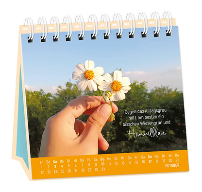 Tischkalender - "Extraportion Glück" - 2027 - Monat Oktober -  Spruch: "Gegen das Alltagsgrau hilft am besten ein bisschen Wiesengrün und Himmelblau."  Design: Eine Hand hält zwei weiße Blümchen mit gelber Mitte vor grünen Büschen und blauem Himmel.