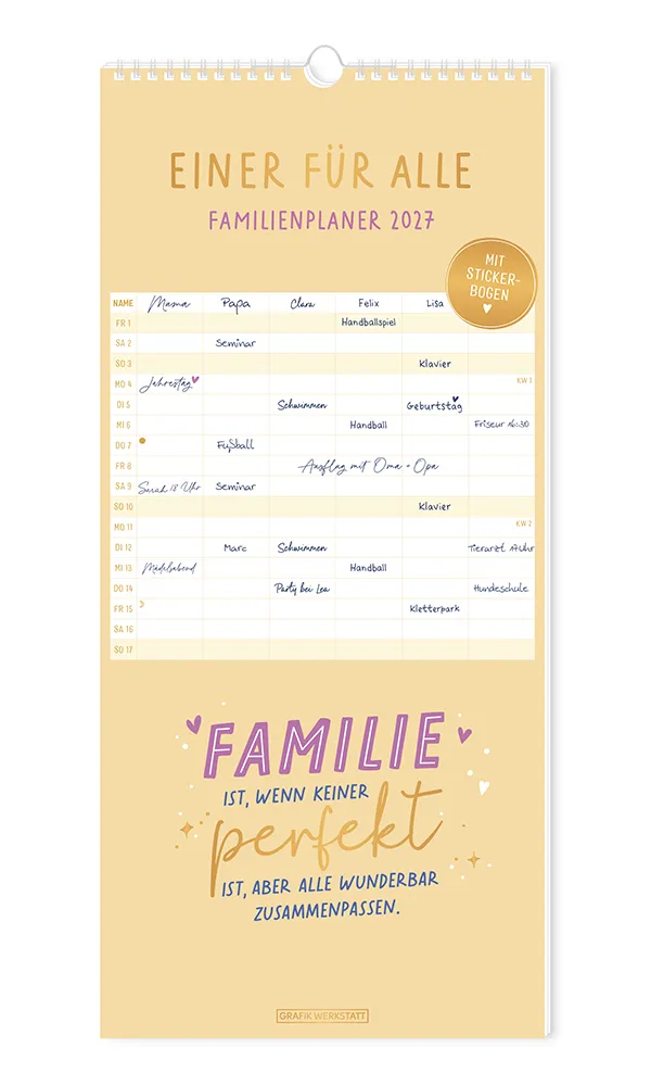 Familien -"Einer für alle" - 2027 - Cover - Text: "Einer für alle Familienplaner 2027" "Mit Stickerbogen" "Familie ist, wenn keiner perfekt ist, aber aller wunderbar zusammenpassen." 