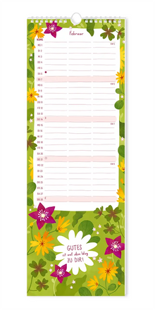 Paarplaner - "Floral" - 2027 - Monat Februar - Spruch: "Gutes ist auf dem weg zu dir!" Design: Der Spruch ist einer weißen Blüte. Auf dem grünen Hintergrund sind gelbe und violette Blumen und Kleeblätter verteilt.