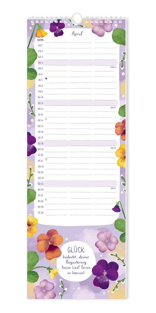 Paarplaner - "Floral" - 2027 - Monat April - Spruch: Glück bedeutet, deiner Begeisterung freien lauf lassen zu können!" Design: Spruch in einem Kreis.  über dem lila Hintergrund sind gelbe, orangene, violette und lila Blumen verteilt.