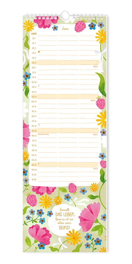 Paarplaner - "Floral" - 2027 - Monat Juni - Spruch: "Genieß das Leben. Denn es ist vor allem eins: Deins!" Design: Spruch in einer unregelmäßigen Ovalform. Über dem grünen Hintergrund sind blaue, pinke und gelbe Blumen verteilt.