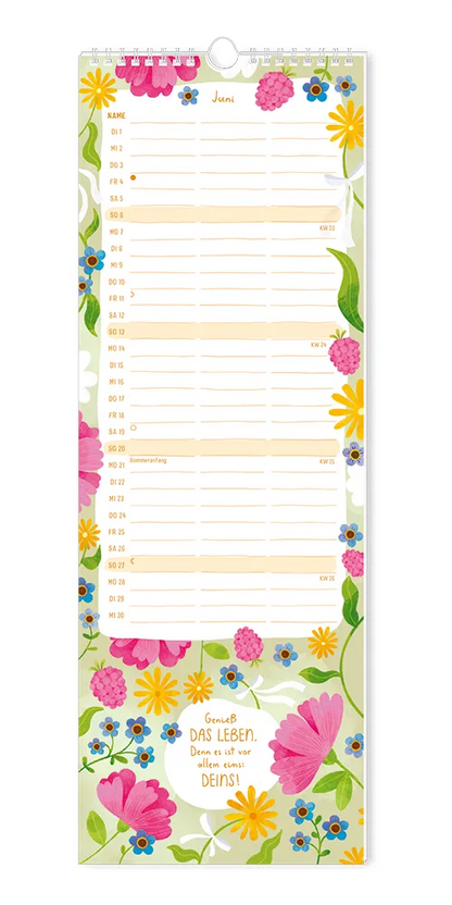 Paarplaner - "Floral" - 2027 - Monat Juni - Spruch: "Genieß das Leben. Denn es ist vor allem eins: Deins!" Design: Spruch in einer unregelmäßigen Ovalform. Über dem grünen Hintergrund sind blaue, pinke und gelbe Blumen verteilt.