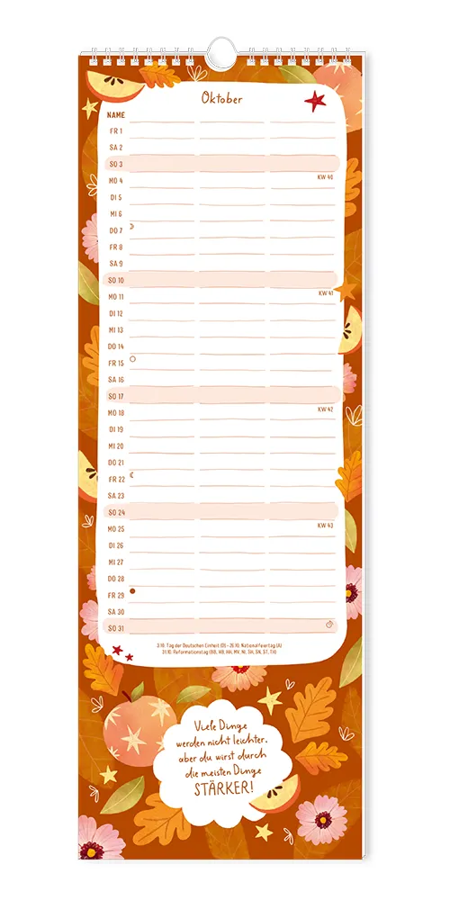 Paarplaner - "Floral" - 2027 - Monat Oktober - Spruch: "Viele Dinge werden nicht leichter, aber du wirst durch die meisten Dinge stärker!" Design: Spruch in Wolkenform. Auf dem braunen Hintergrund sind Äpfel, Herbstlaub und rosa Blumen verteilt.