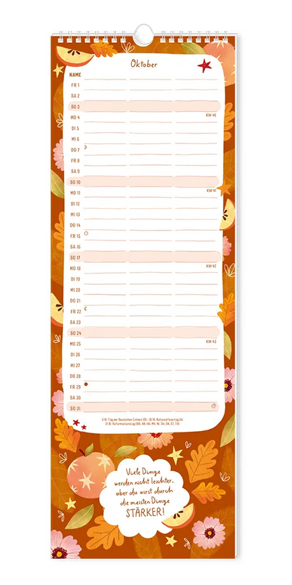 Paarplaner - "Floral" - 2027 - Monat Oktober - Spruch: "Viele Dinge werden nicht leichter, aber du wirst durch die meisten Dinge stärker!" Design: Spruch in Wolkenform. Auf dem braunen Hintergrund sind Äpfel, Herbstlaub und rosa Blumen verteilt.