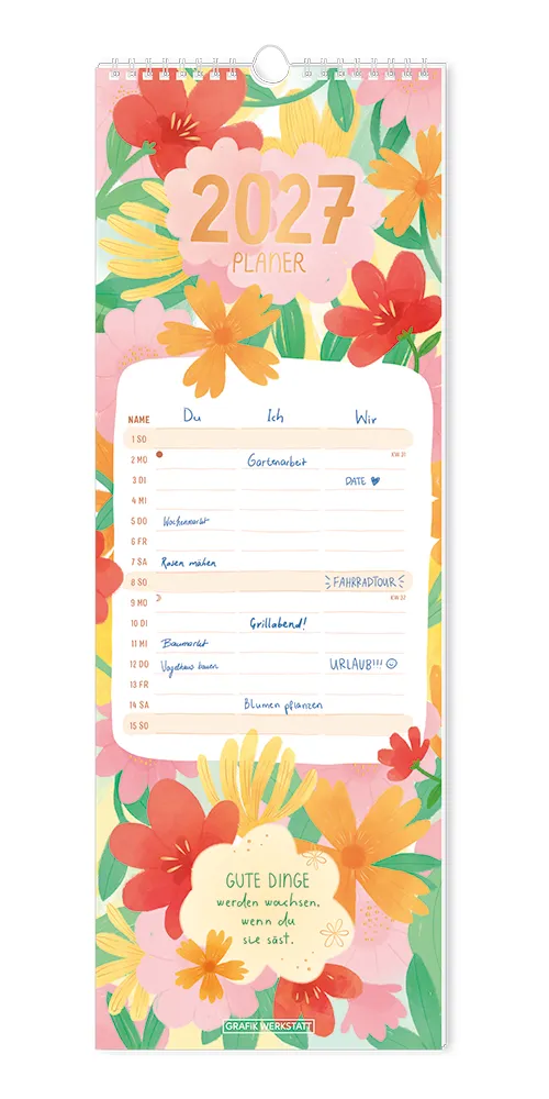 Paarplaner - "Floral" - 2027 - Cover - Text: "2027 Planer" "Gute Dinge werden wachsen, wenn du sie säst." Design: Verschiedene Blumen, di über die Seite verteil sind.