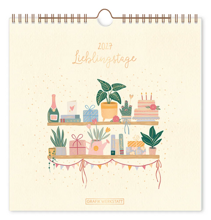 Wandkalender - "Lieblingstage" - 2027 - Cover - Text: "2027" "Lieblingstage" Design: Ein Regal mit verschiedenen Sachen drin.