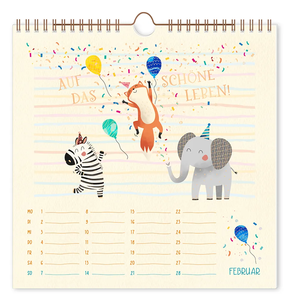 Wandkalender - "Lieblingstage" - 2027 -  Monat Februar - Text: "Auf das schöne Leben!" Design: Ein Zebra, ein Fuchs und ein Elefant, die gemeinsam am Feiern sind.