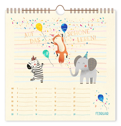 Wandkalender - "Lieblingstage" - 2027 -  Monat Februar - Text: "Auf das schöne Leben!" Design: Ein Zebra, ein Fuchs und ein Elefant, die gemeinsam am Feiern sind.